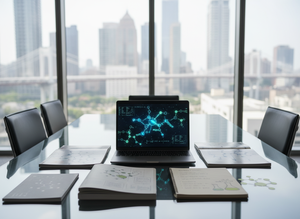 A polished, glass-walled corporate boardroom table displaying a methodically arranged assortment of scientific journals, a high-end black laptop with visible molecular data on its screen, and a notepad with neatly sketched research protocols. The background reveals a blurred cityscape through floor-to-ceiling windows, contributing to an international atmosphere. Soft, diffused daylight streams in, highlighting clean lines and creating subtle shadows on neutral-toned surfaces. The mood is highly professional and composed, evoking credibility and trust. Captured from a slightly elevated and centered perspective, the image maintains sharp focus throughout, adhering to a modern, photographic realism aesthetic that complements the site’s consultancy focus.